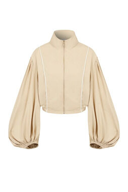 RIVIR Jacket Women's Large Beige Cotton Zip Front Balloon Sleeve Cropped